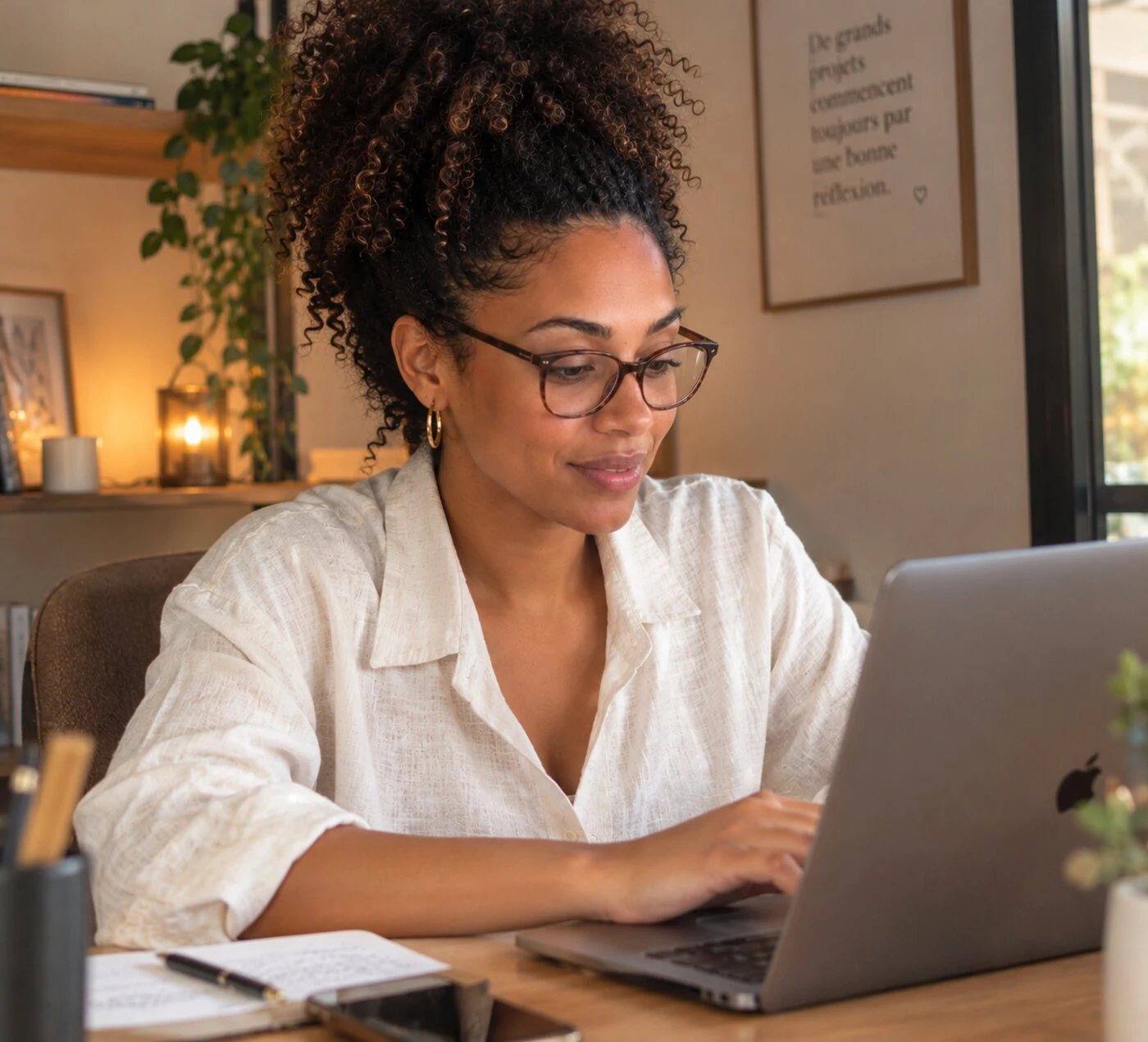 Une entrepreneure concentrée travaille sur son ordinateur portable à son bureau